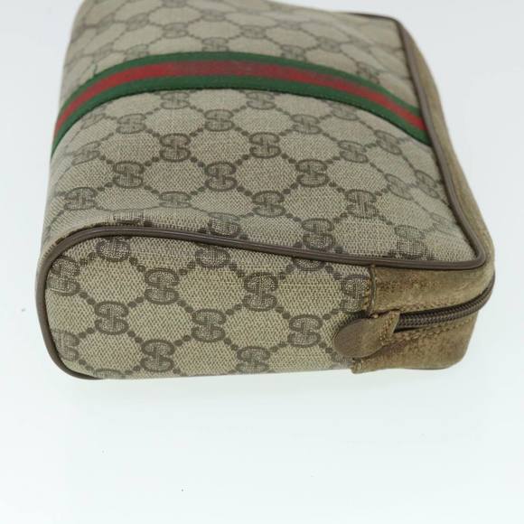 GUCCI GG Canvas Web Sherry Line Clutch Bag PVC Leather Beige Green Auth 54882 - Picture 3 of 16